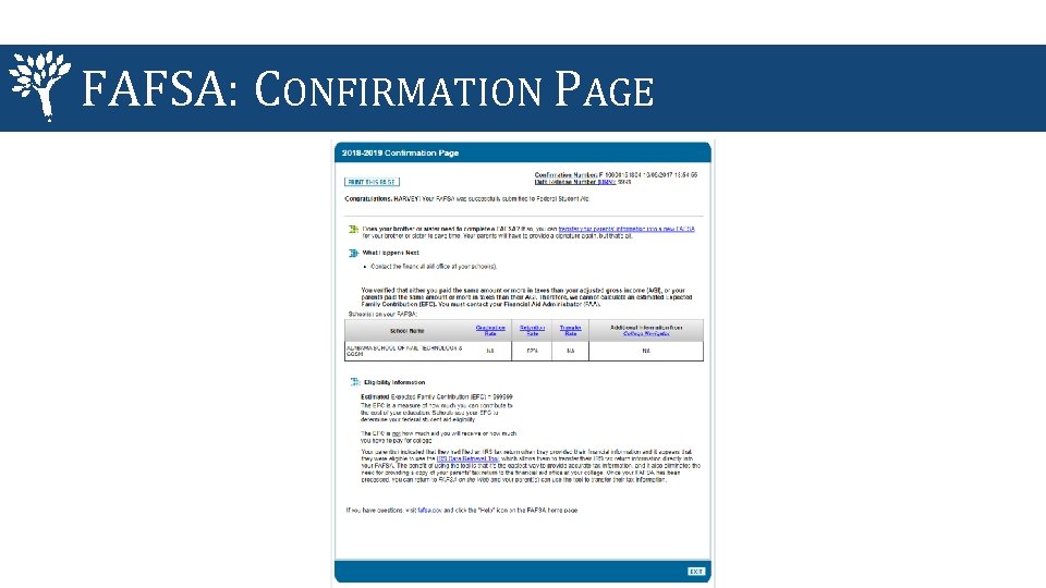 FAFSA: CONFIRMATION PAGE 