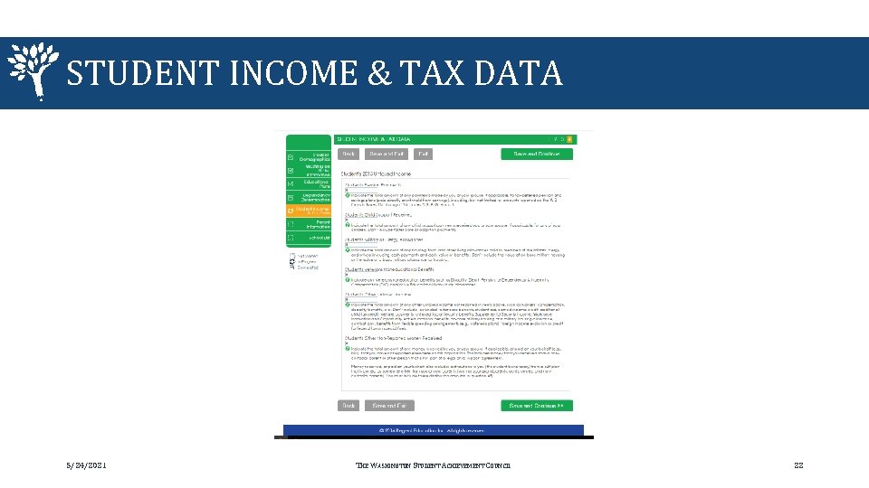 STUDENT INCOME & TAX DATA 5/24/2021 THE WASHINGTON STUDENT ACHIEVEMENT COUNCIL 22 