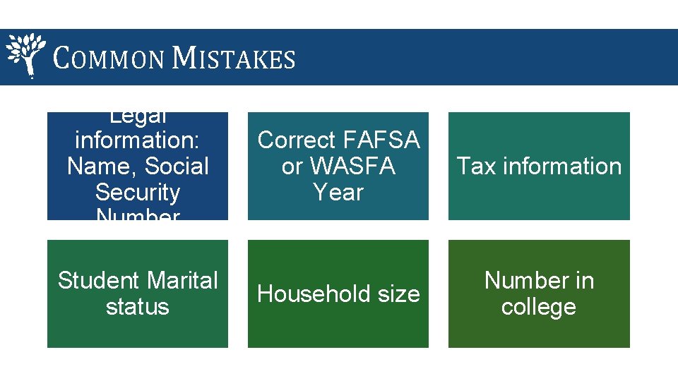COMMON MISTAKES Legal information: Name, Social Security Number Student Marital status Correct FAFSA or