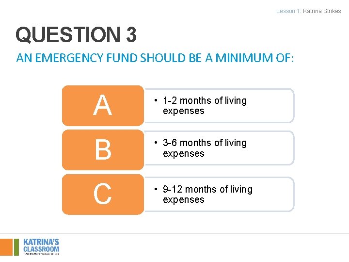 Lesson 1: Katrina Strikes QUESTION 3 AN EMERGENCY FUND SHOULD BE A MINIMUM OF: