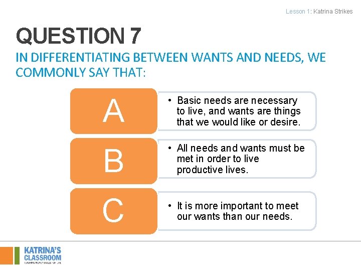 Lesson 1: Katrina Strikes QUESTION 7 IN DIFFERENTIATING BETWEEN WANTS AND NEEDS, WE COMMONLY