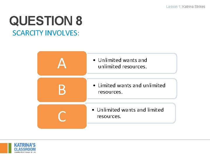Lesson 1: Katrina Strikes QUESTION 8 SCARCITY INVOLVES: A • Unlimited wants and unlimited