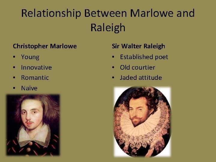 Relationship Between Marlowe and Raleigh Christopher Marlowe • • Young Innovative Romantic Naïve Sir