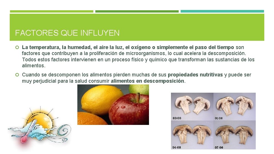 FACTORES QUE INFLUYEN La temperatura, la humedad, el aire la luz, el oxígeno o