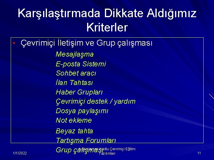 Karşılaştırmada Dikkate Aldığımız Kriterler • Çevrimiçi İletişim ve Grup çalışması 1/1/2022 Mesajlaşma E-posta Sistemi