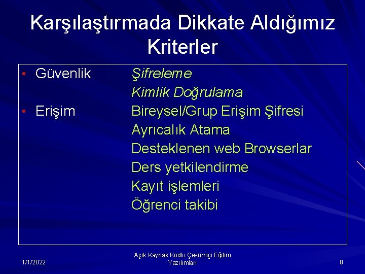 Karşılaştırmada Dikkate Aldığımız Kriterler • Güvenlik • Erişim 1/1/2022 Şifreleme Kimlik Doğrulama Bireysel/Grup Erişim