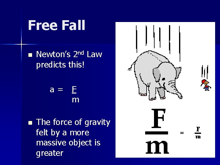 Free Fall n Newton’s 2 nd Law predicts this! a= F m n The