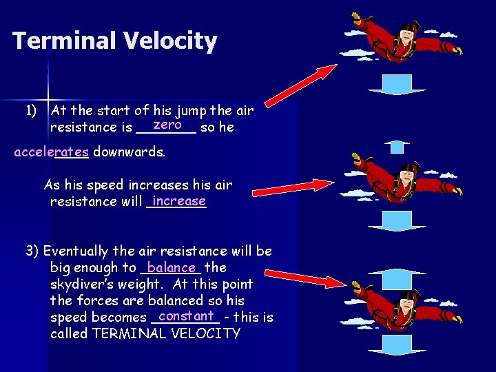 Terminal Velocity Consider a skydiver: 1) At the start of his jump the air
