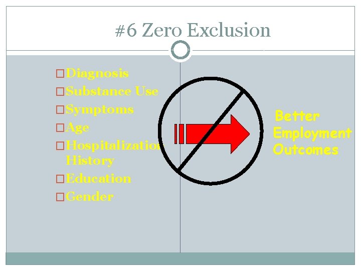 #6 Zero Exclusion �Diagnosis �Substance Use �Symptoms �Age �Hospitalization History �Education �Gender Better Employment