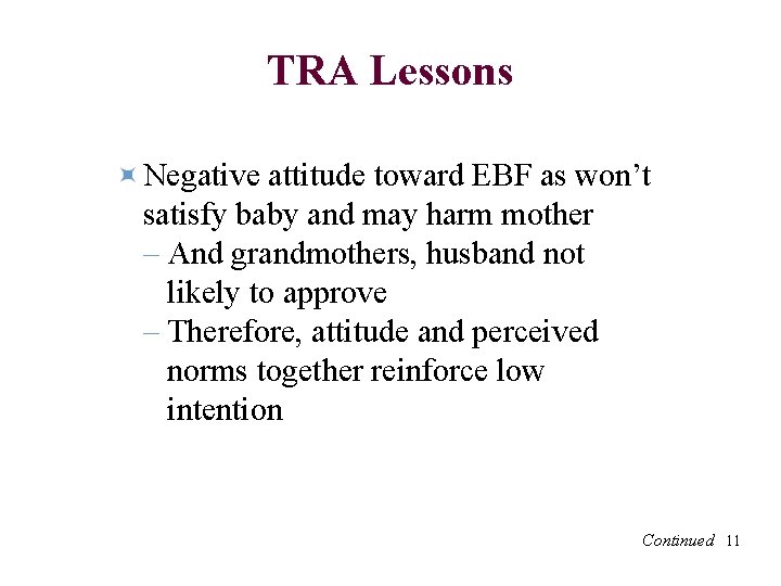 TRA Lessons Negative attitude toward EBF as won’t satisfy baby and may harm mother
