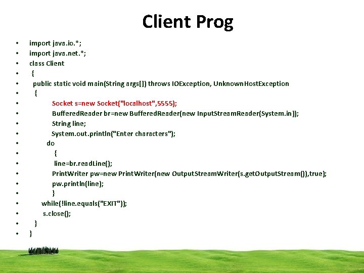 Client Prog • • • • • import java. io. *; import java. net.