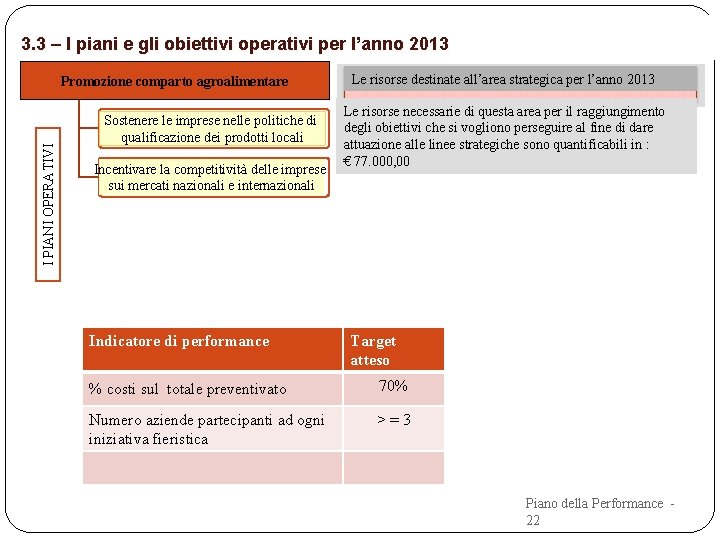 3. 3 – I piani e gli obiettivi operativi per l’anno 2013 I PIANI