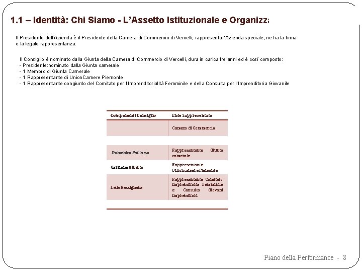 1. 1 – Identità: Chi Siamo - L’Assetto Istituzionale e Organizzativo Il Presidente dell’Azienda