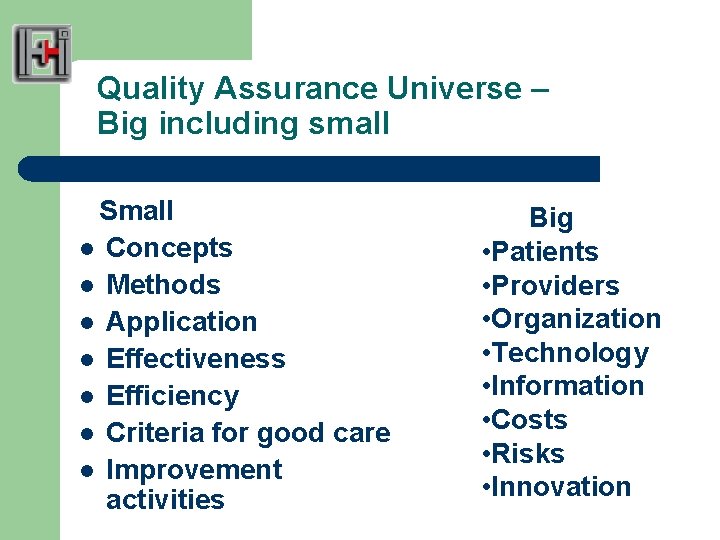 Quality Assurance Universe – Big including small Small l Concepts l Methods l Application