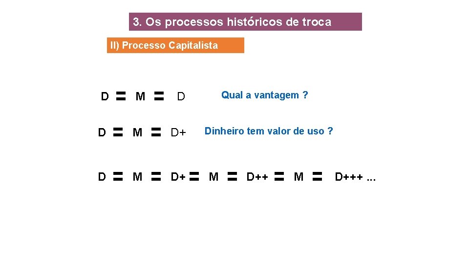 3. Os processos históricos de troca II) Processo Capitalista D M D+ Qual a