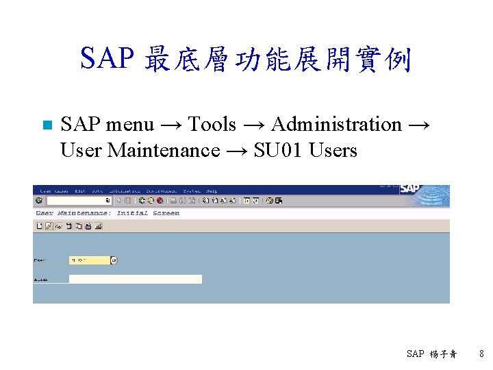 SAP 最底層功能展開實例 n SAP menu → Tools → Administration → User Maintenance → SU