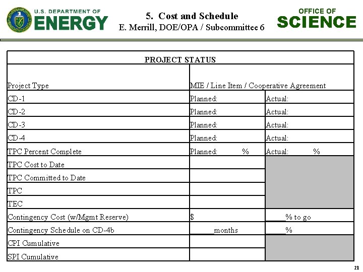 5. Cost and Schedule E. Merrill, DOE/OPA / Subcommittee 6 OFFICE OF SCIENCE PROJECT