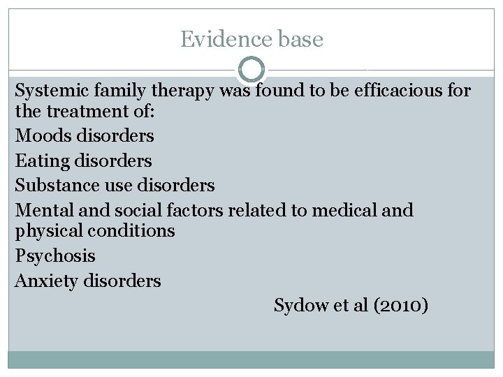 Evidence base Systemic family therapy was found to be efficacious for the treatment of: