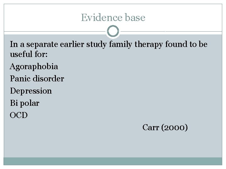 Evidence base In a separate earlier study family therapy found to be useful for: