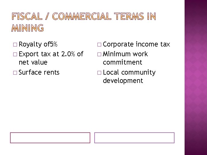 � Royalty of 5% � Export tax at 2. 0% of net value �