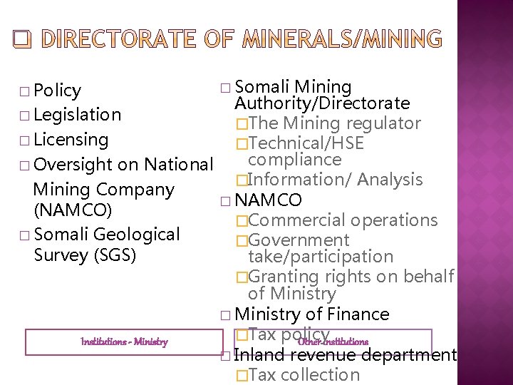 Mining Authority/Directorate � Legislation �The Mining regulator � Licensing �Technical/HSE compliance � Oversight on