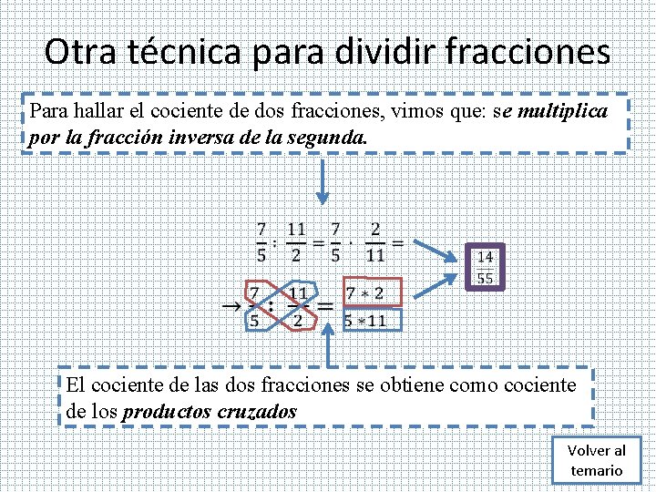 Otra técnica para dividir fracciones Para hallar el cociente de dos fracciones, vimos que: