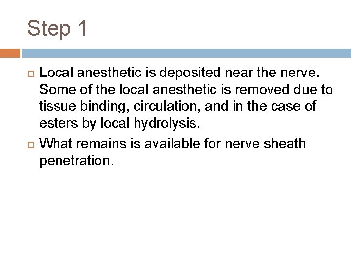 Step 1 Local anesthetic is deposited near the nerve. Some of the local anesthetic