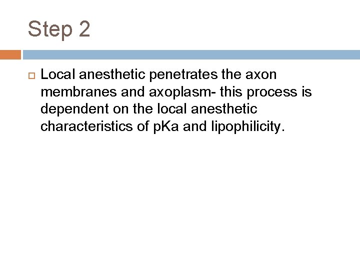 Step 2 Local anesthetic penetrates the axon membranes and axoplasm- this process is dependent