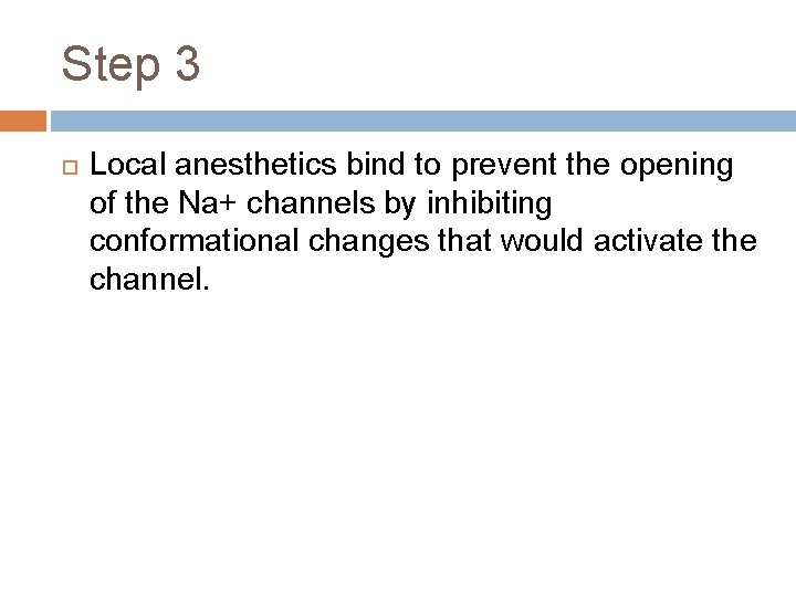 Step 3 Local anesthetics bind to prevent the opening of the Na+ channels by