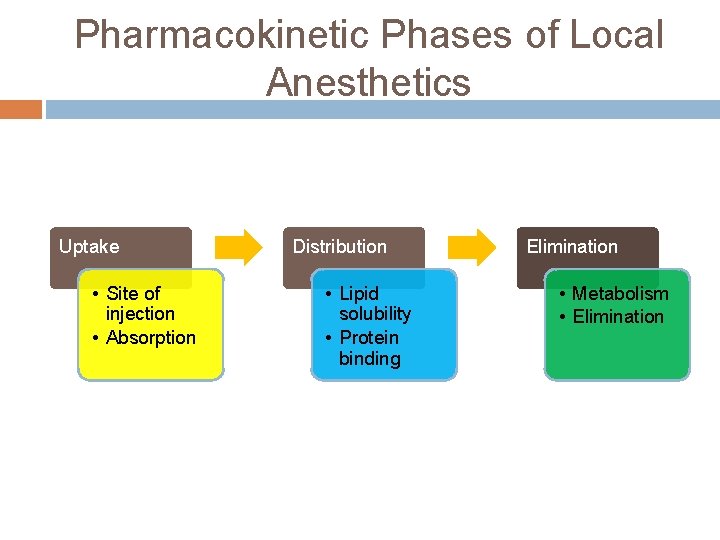 Pharmacokinetic Phases of Local Anesthetics Uptake • Site of injection • Absorption Distribution •