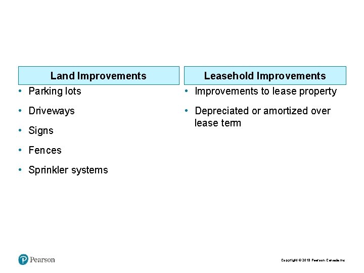 Land Improvements Leasehold Improvements • Parking lots • Improvements to lease property • Driveways