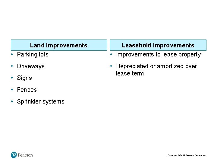 Land Improvements Leasehold Improvements • Parking lots • Improvements to lease property • Driveways Land Improvements Leasehold Improvements • Parking lots • Improvements to lease property • Driveways
