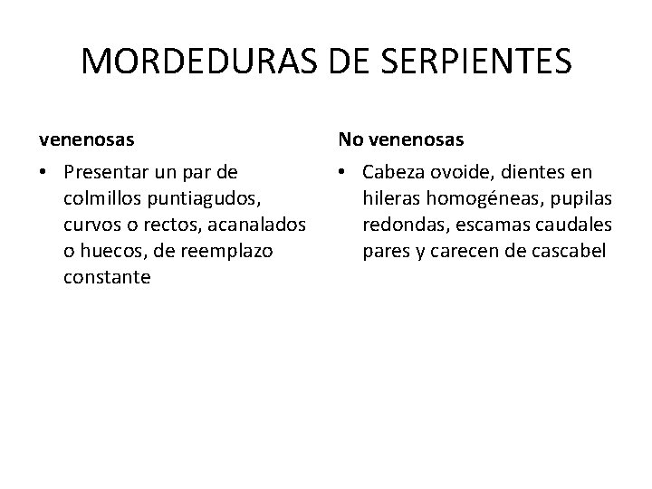 MORDEDURAS DE SERPIENTES venenosas No venenosas • Presentar un par de colmillos puntiagudos, curvos