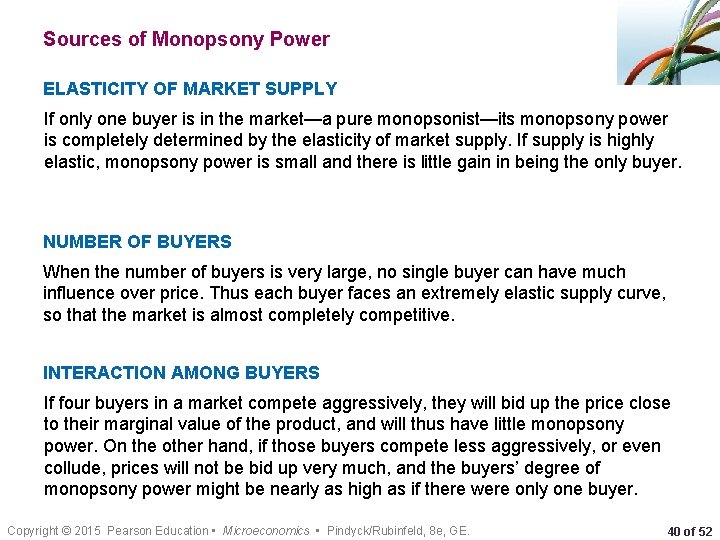 Sources of Monopsony Power ELASTICITY OF MARKET SUPPLY If only one buyer is in
