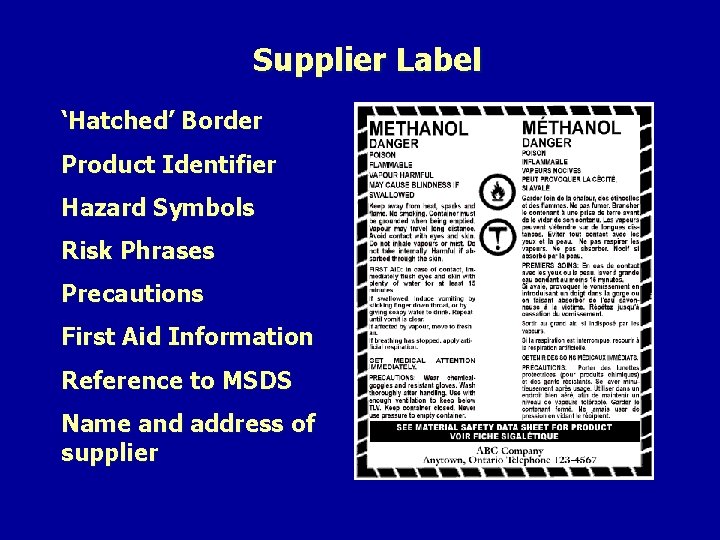 Supplier Label ‘Hatched’ Border Product Identifier Hazard Symbols Risk Phrases Precautions First Aid Information