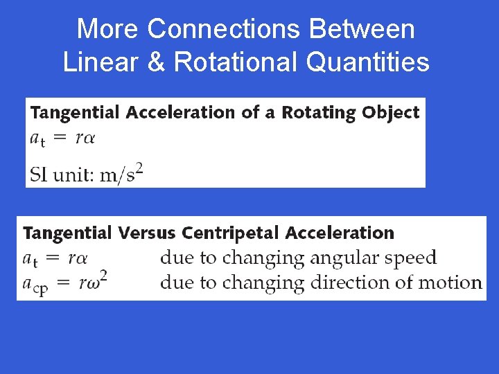 More Connections Between Linear & Rotational Quantities 