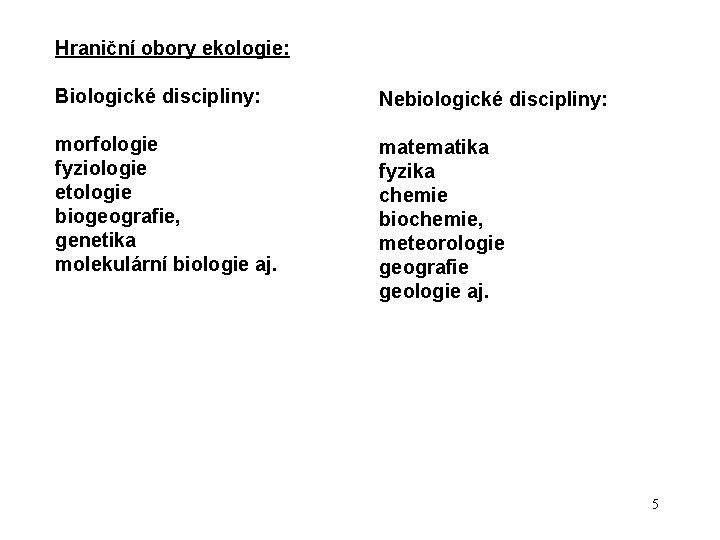 Hraniční obory ekologie: Biologické discipliny: Nebiologické discipliny: morfologie fyziologie etologie biogeografie, genetika molekulární biologie