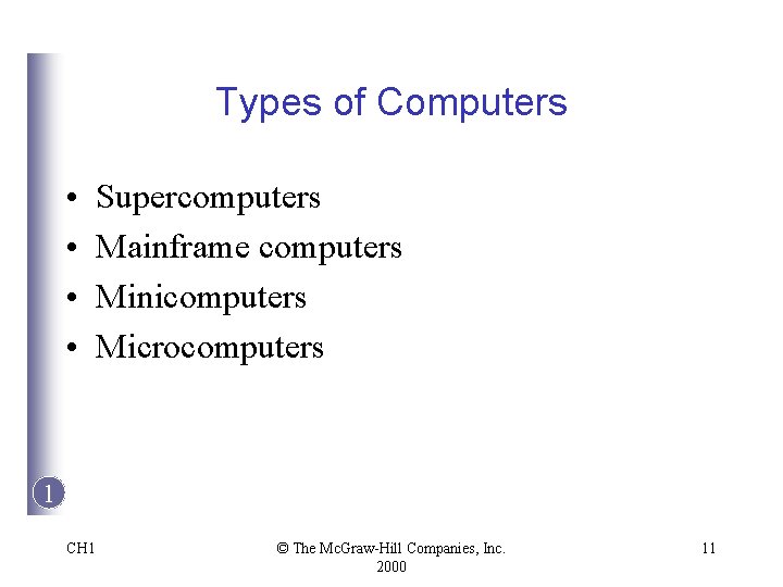 Types of Computers • • Supercomputers Mainframe computers Minicomputers Microcomputers 1 CH 1 ©