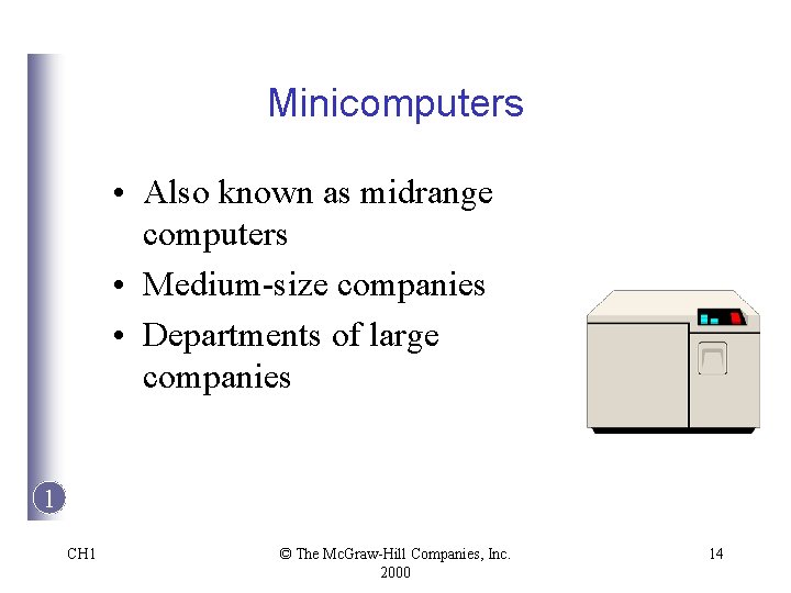 Minicomputers • Also known as midrange computers • Medium-size companies • Departments of large