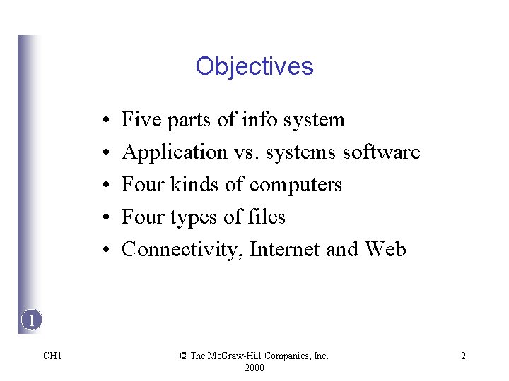 Objectives • • • Five parts of info system Application vs. systems software Four