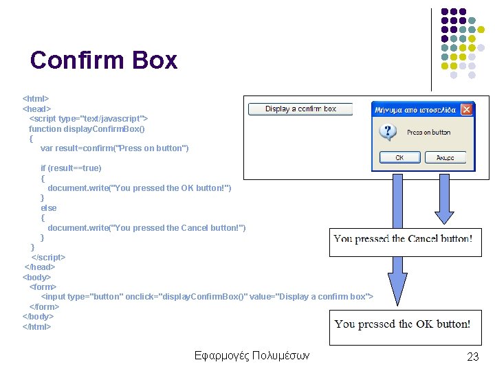 Confirm Box <html> <head> <script type="text/javascript"> function display. Confirm. Box() { var result=confirm("Press on