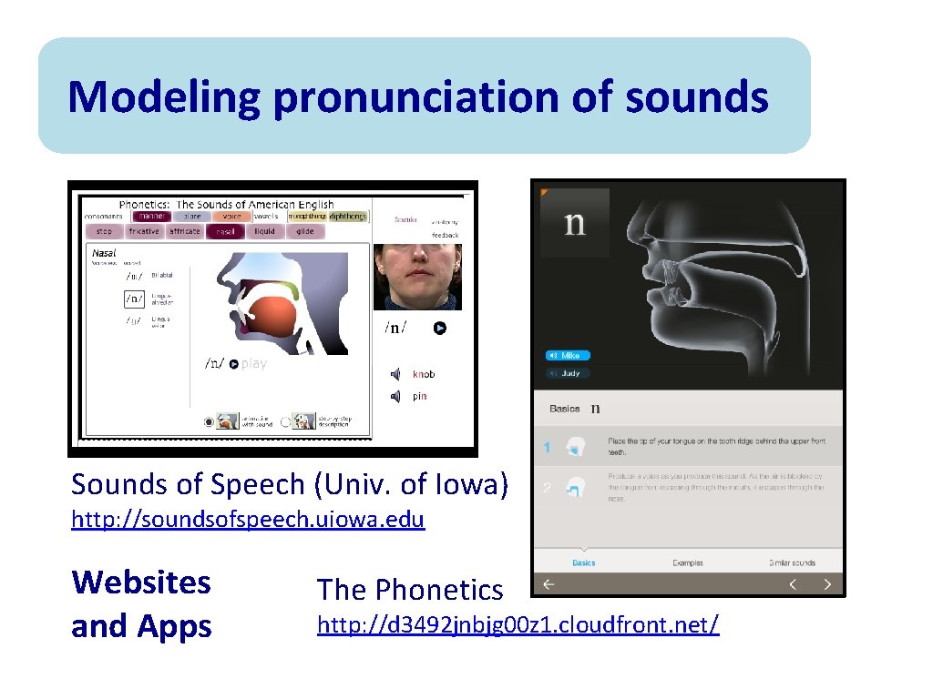 Modeling pronunciation of sounds Sounds of Speech (Univ. of Iowa) http: //soundsofspeech. uiowa. edu