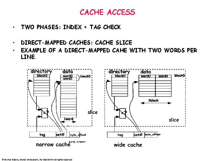 CACHE ACCESS • TWO PHASES: INDEX + TAG CHECK • • DIRECT-MAPPED CACHES: CACHE