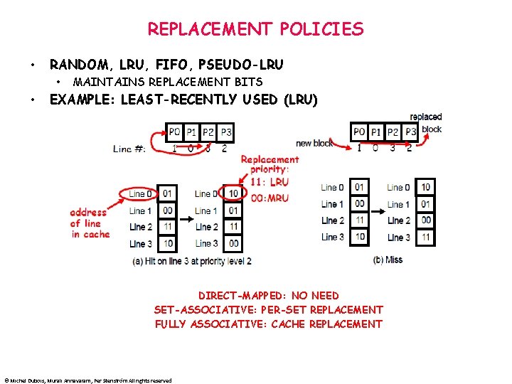 REPLACEMENT POLICIES • RANDOM, LRU, FIFO, PSEUDO-LRU • • MAINTAINS REPLACEMENT BITS EXAMPLE: LEAST-RECENTLY