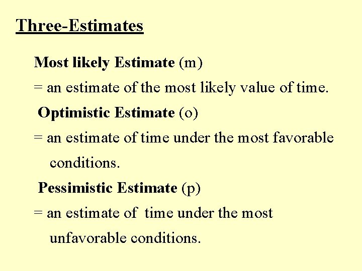 Three-Estimates Most likely Estimate (m) = an estimate of the most likely value of