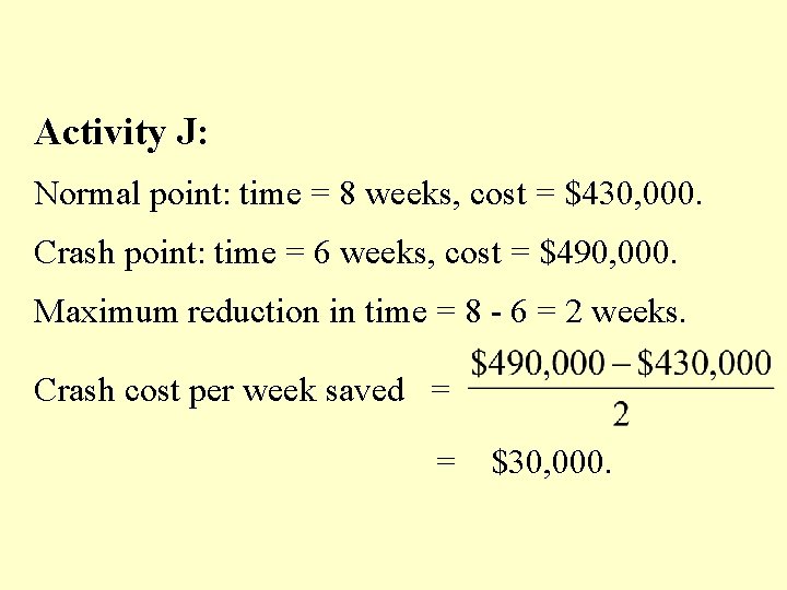 Activity J: Normal point: time = 8 weeks, cost = $430, 000. Crash point: