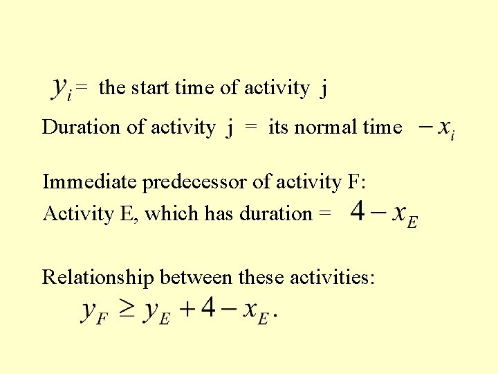 = the start time of activity j Duration of activity j = its normal