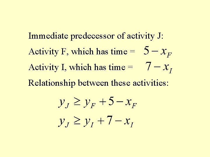 Immediate predecessor of activity J: Activity F, which has time = Activity I, which