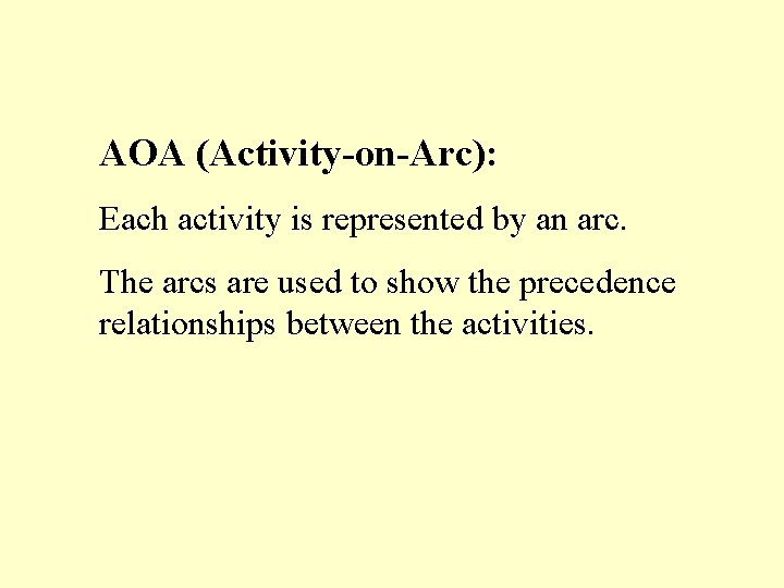 AOA (Activity-on-Arc): Each activity is represented by an arc. The arcs are used to