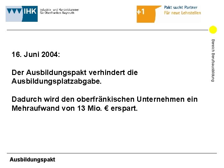 Der Ausbildungspakt verhindert die Ausbildungsplatzabgabe. Dadurch wird den oberfränkischen Unternehmen ein Mehraufwand von 13 Der Ausbildungspakt verhindert die Ausbildungsplatzabgabe. Dadurch wird den oberfränkischen Unternehmen ein Mehraufwand von 13